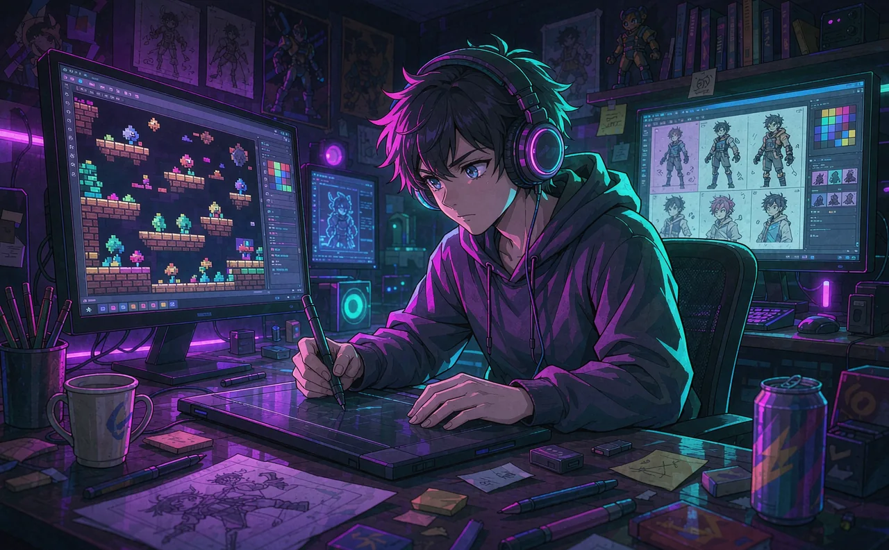 二次元游戏开发者在绘制角色原画