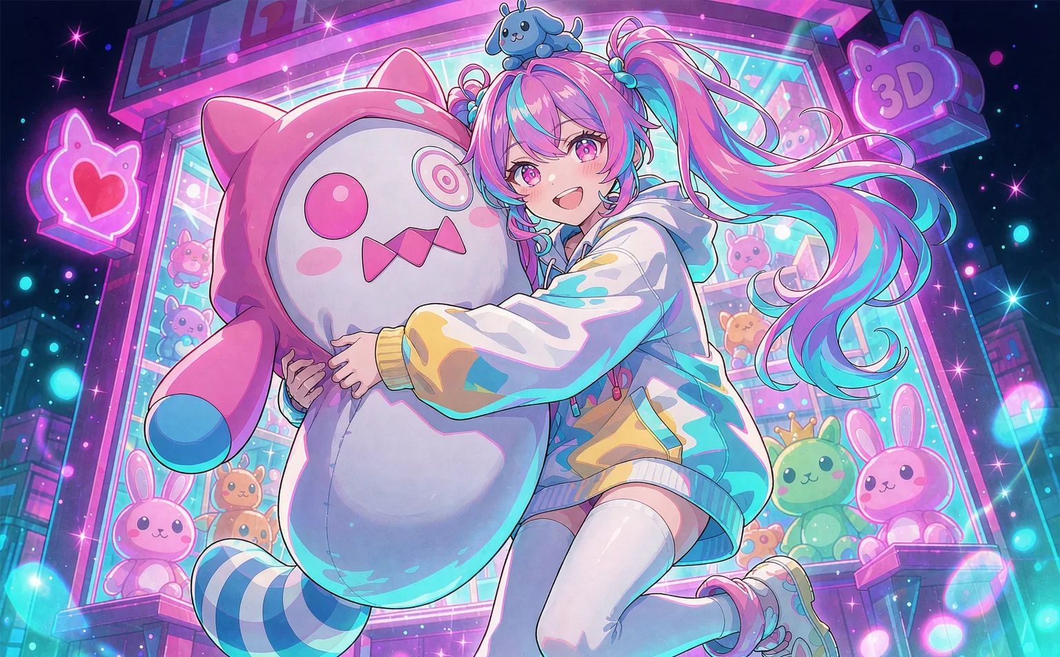 二次元少女抱着玩偶站在周边商店前